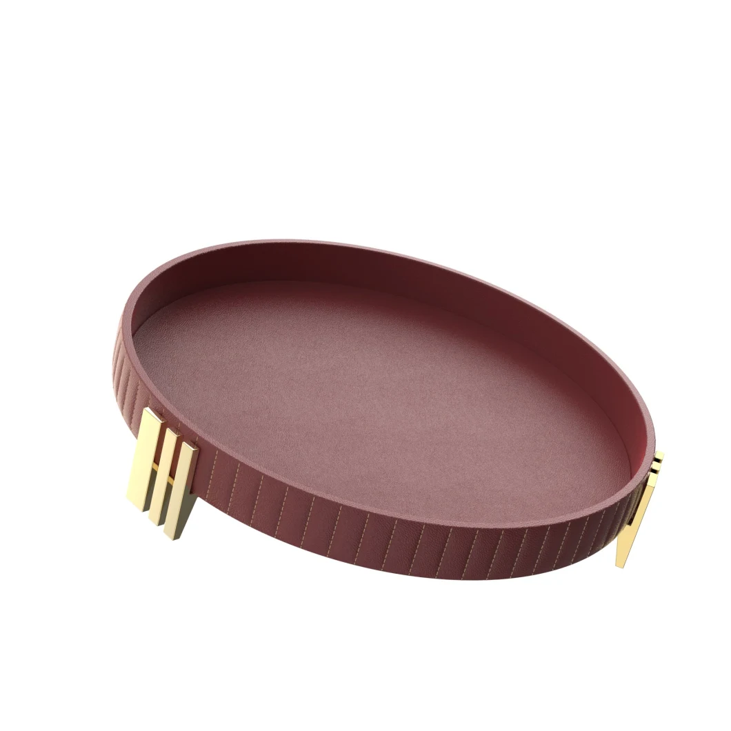 Sawtru Home Decor Round PU Cover Wood Tray with Metal Handle