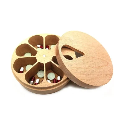 Earring Ring Jewelry Storage Round Decorative Box Daily Weekly Vitamin Medicine Pill Organizer Case Wooden Box