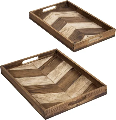 Wooden Nesting Breakfast Trays with Chevron Arrow Design - Burnt Brown Wood with Cutout Handles