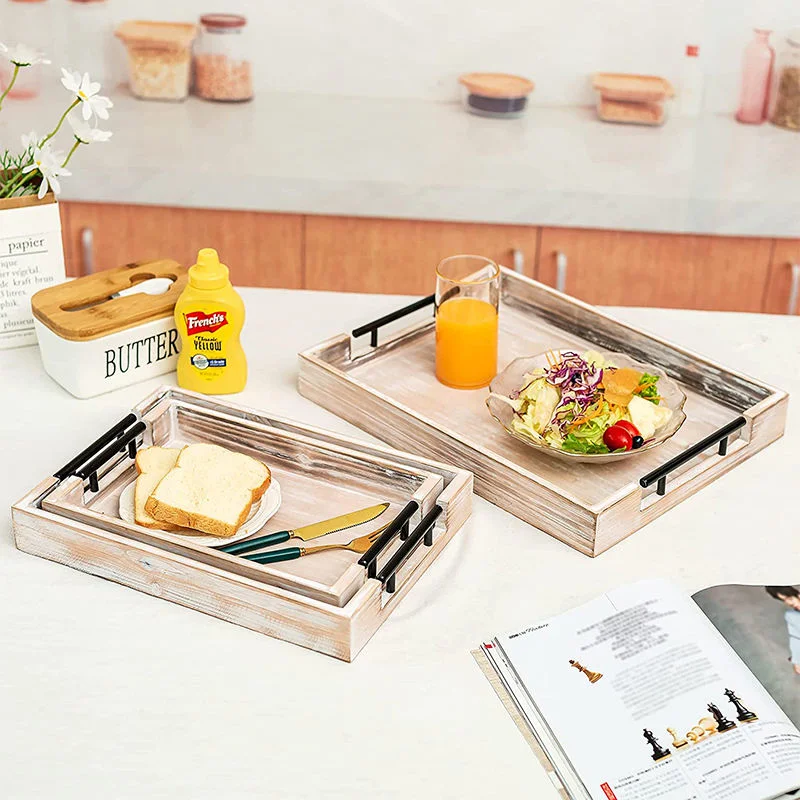 Rustic Wooden/Wood Serving Tray with Metal Handles for Tea/Coffee/Drinks/Meal/Wine