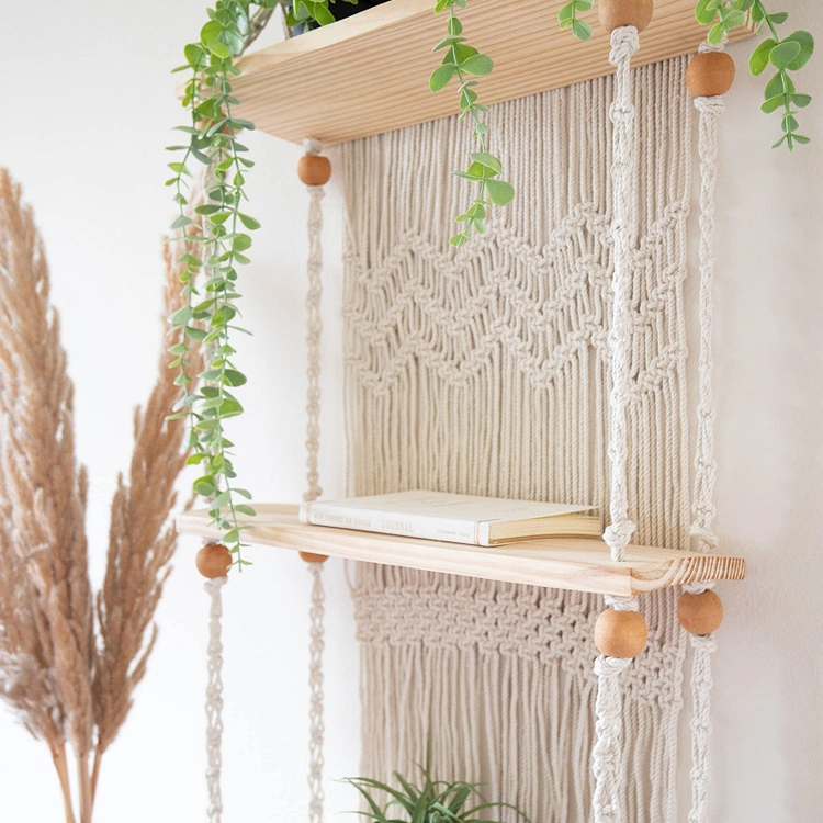 Handmade Boho Wooden Wall Hanging 3 Tier Organizer Shelf Floating Storage Holder Woven Rope Home Decor Rack