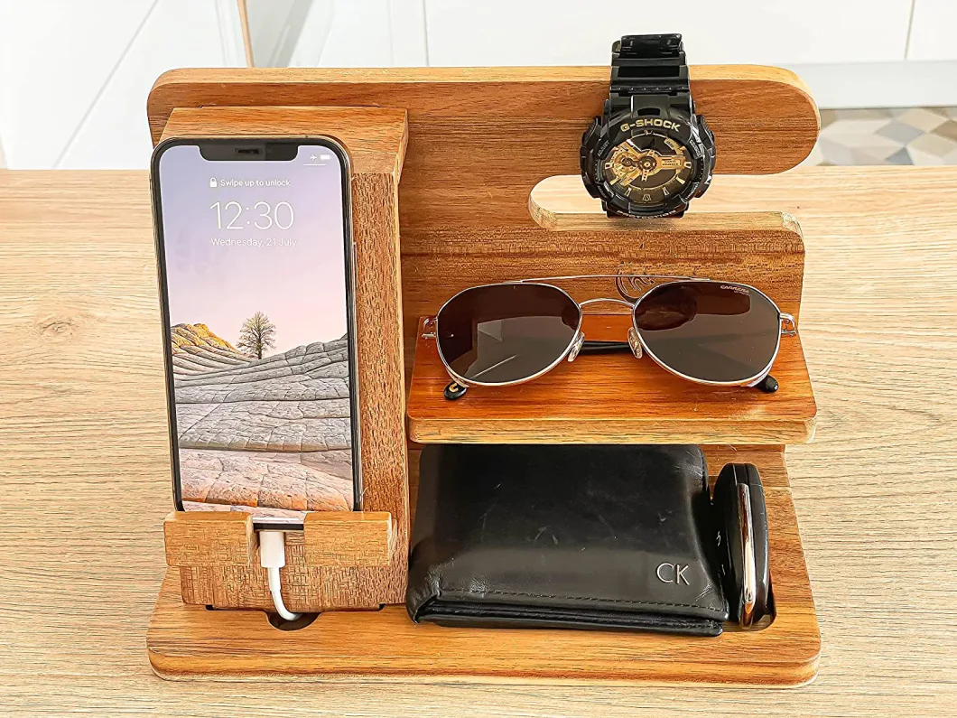 Wood Docking Station Mobile Phone Cell Holder Charging Office Desk Organizer Nightstand Wallet Key Smartwatch Sunglasses Storage Dresser