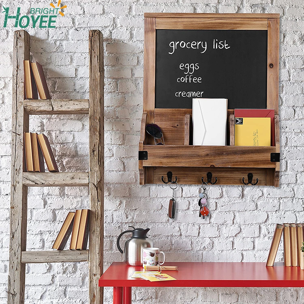 Rustic Burnt Wood Wall-Mounted Entryway Organizer with Chalkboard Sign &amp; Key Hooks