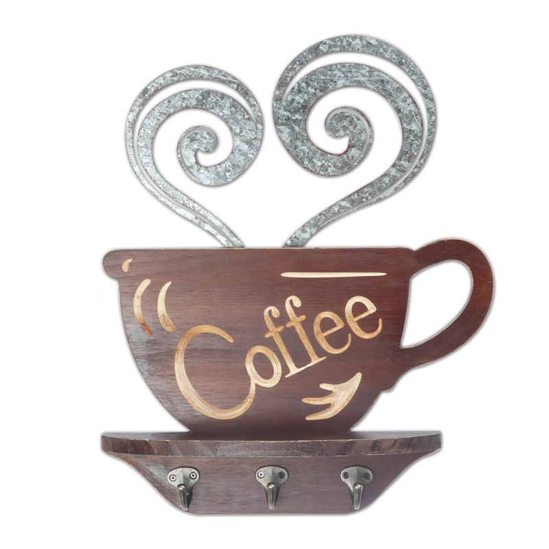 Coffee Cup Shape Wooden Wall Decor with 3 Hooks for Home Decor, Solid Wood with Galvanized Plate Wall Haning in Coffee Cup Shape Designs, Wooden Wall Plaque
