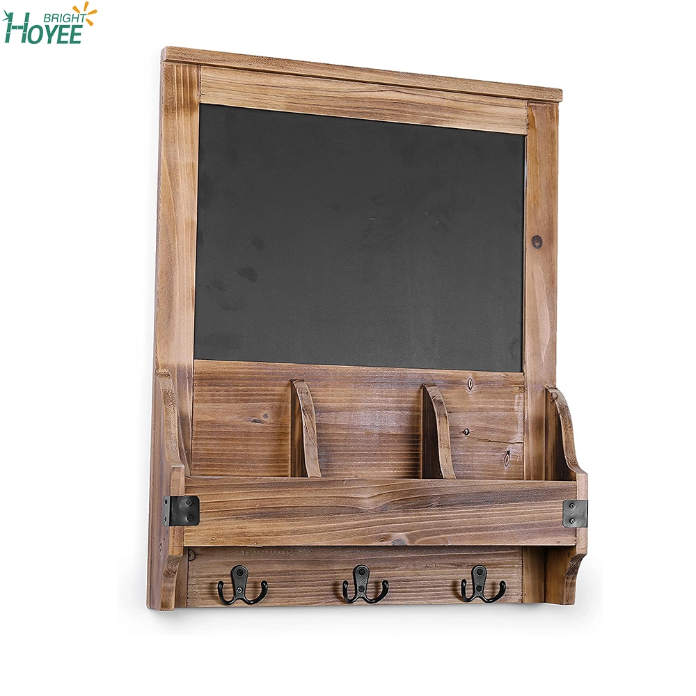 Rustic Burnt Wood Wall-Mounted Entryway Organizer with Chalkboard Sign &amp; Key Hooks