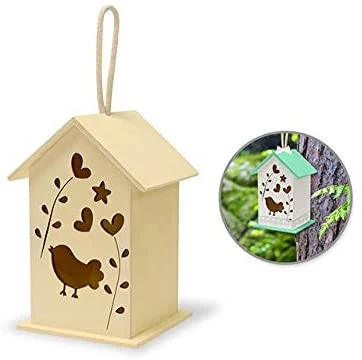 Natural Wood Floral Birdhouse with Jute Cord to Hang Wooden Birdroom