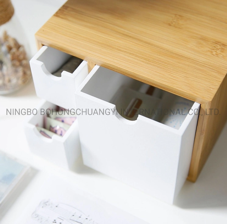 Natural Wooden Bamboo Organizer for Desk with Drawers for Office Supplies, Toiletries, Crafts
