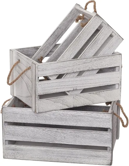 Vintage Rustic White Grey Wood Decorative Nesting Storage Crates with Open Handles - Multipurpose Wood Crafted Boxes/Bathroom Kitchen, Laundry Fruits Crate