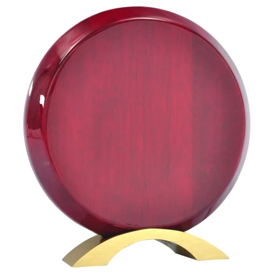 8 Inch Round Wooden Awards Plaque in Rosewood High Glossy Finish with Gold Metal Base