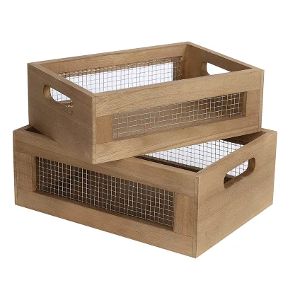 Set of 2 Nesting Baskets Wooden Organizer Crates for Kitchen Bathroom Fruit Vegetables