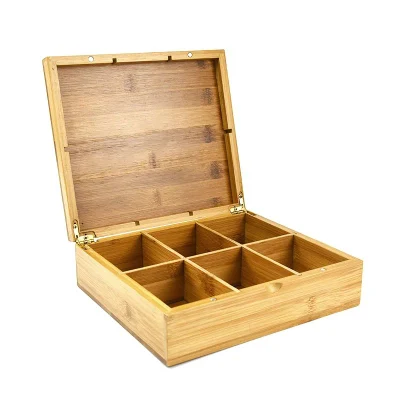 6 Compartments Houseware and Kitchen Acacia Wood Tea and Coffee Bag Box with Acrylic Lid