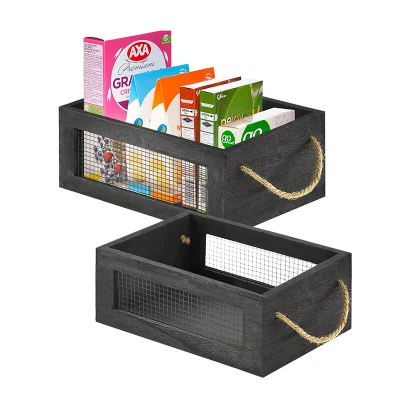 Set of 2 Wood Storage Bins Nesting Baskets Wooden Crates for Kitchen